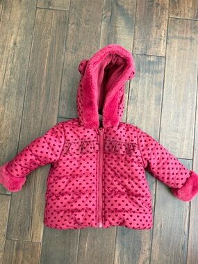 First Impressions Hot Pink Heart-Print Puffer Coat with Faux-Fur Hood